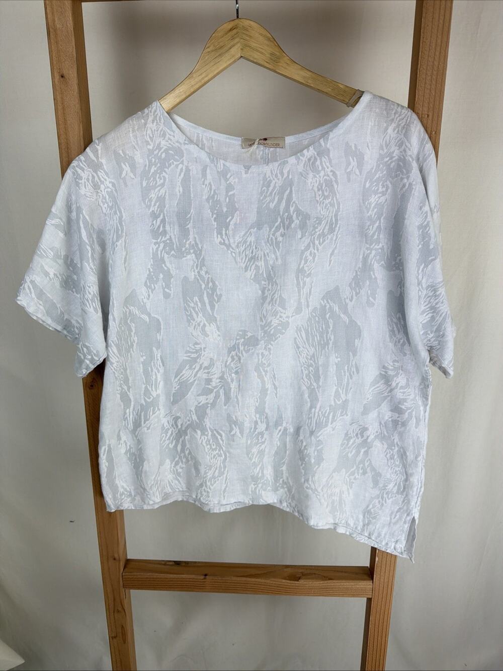 NWT Land Down Under Grey Patterned Scoop Neck Oversized Linen Top #0945 SMALL